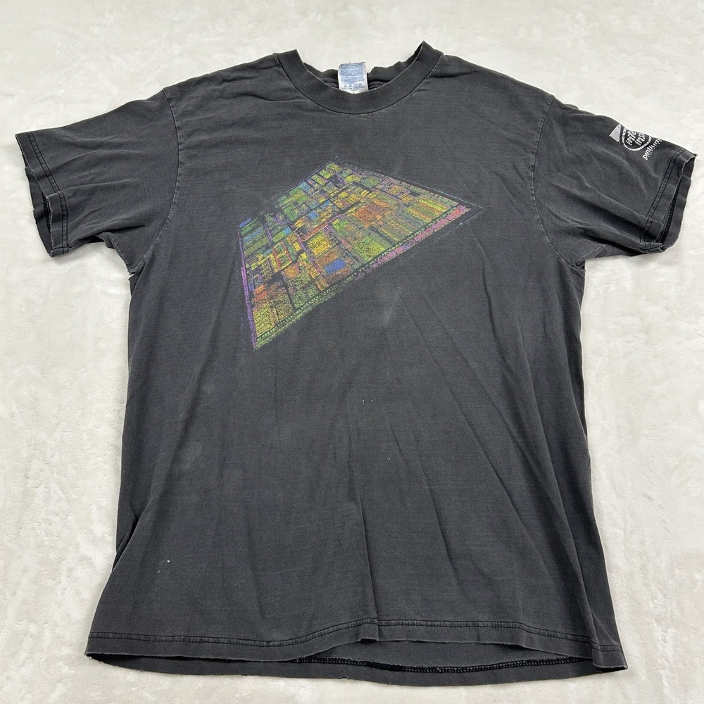 Hanes T-Shirt Mens L Black Vintage Intel Pentium Chip Graphic Distressed Tee